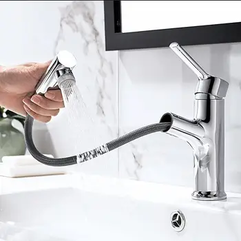 

Pull Out Bathroom Basin Sink Faucet Single Handle Hot and Cold Water Crane Vessel Chrome Finished Tap Deck Mounted
