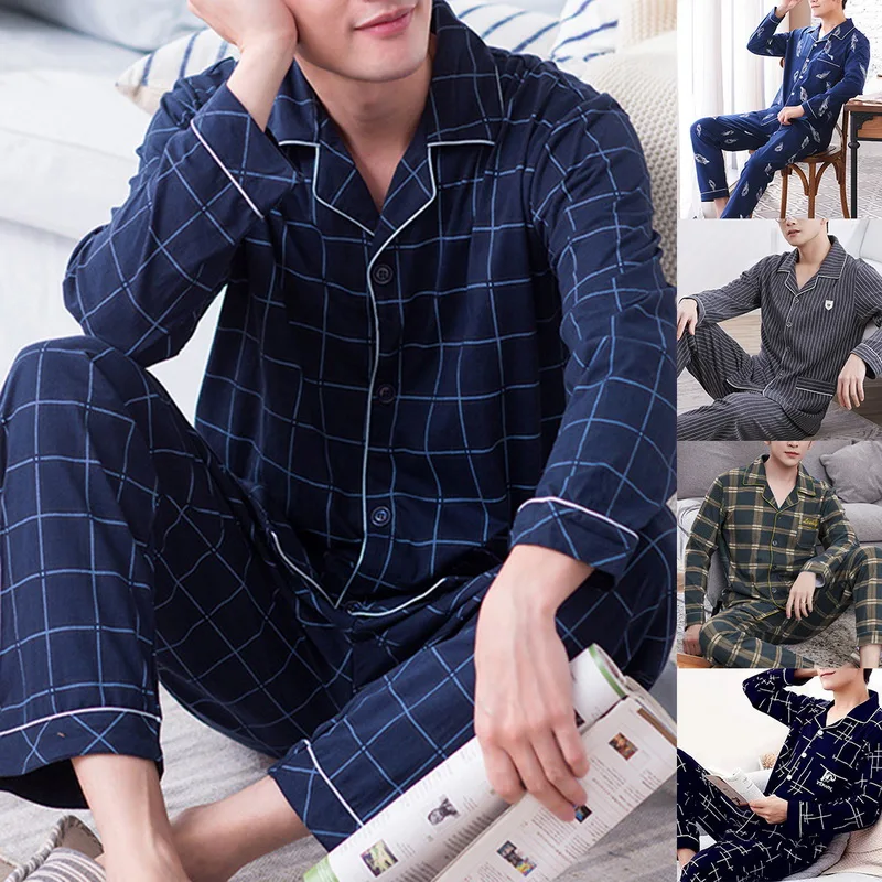 mens cotton sleep shorts New Men's Pajama Sets Spring Summer Man Pajamas Set Simple Sleepwear long Sleeve Cotton Pajamas for Men Top Pant Leisure Outwear mens cotton pjs