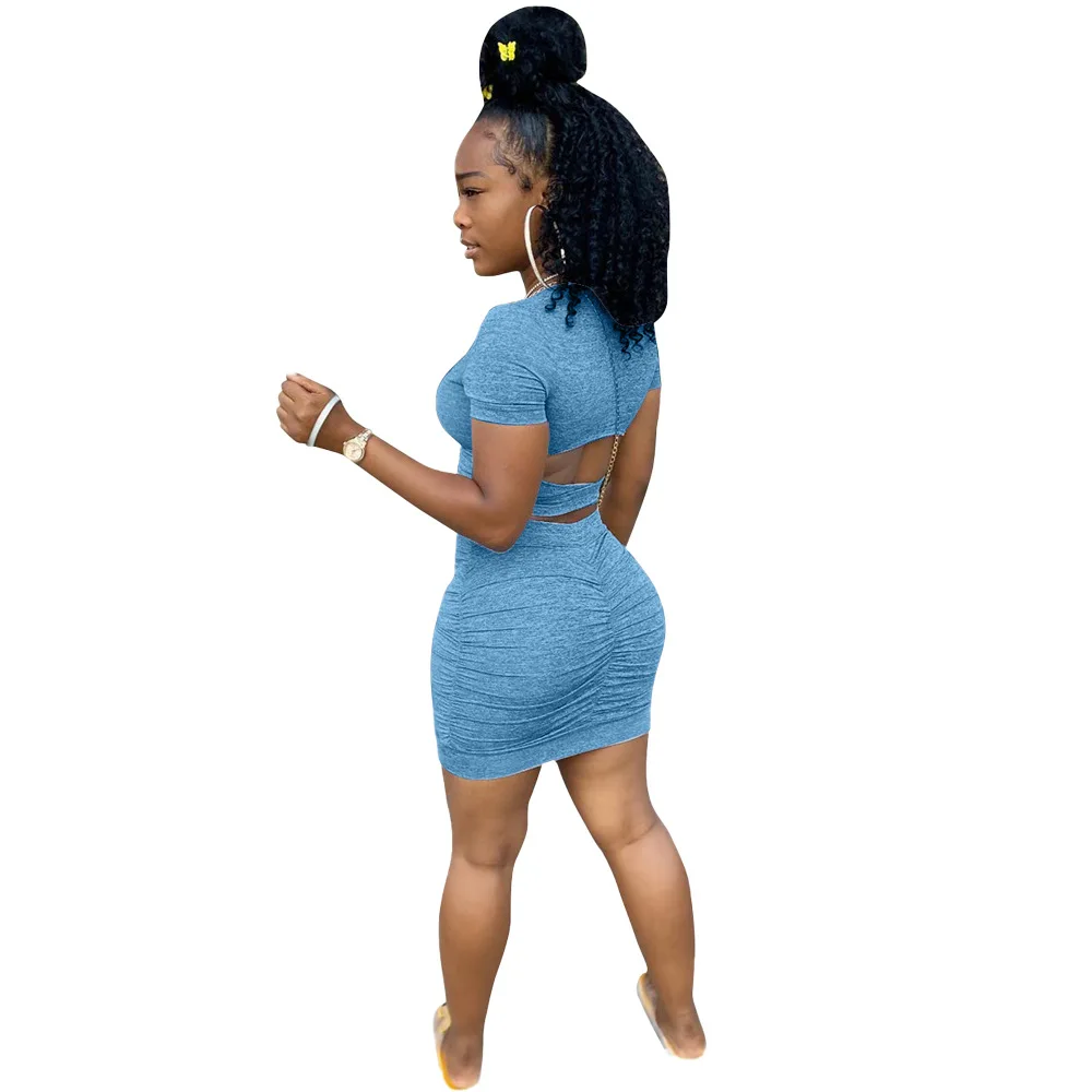 2020 Women Summer Elegant Mini Dress High Waist Cross Open Back Stacked Ruched Midi Bodycon Night Club Party Dresses Vestido