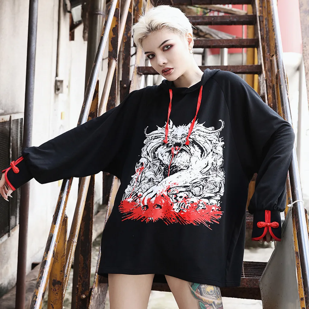

2019 Women Gothic Punk Sweatshirt Long Sleeve Hooded Sweatshirt Print Tops Ladies Fashion Hoodie Chinese Style Sleeve Loose Wear