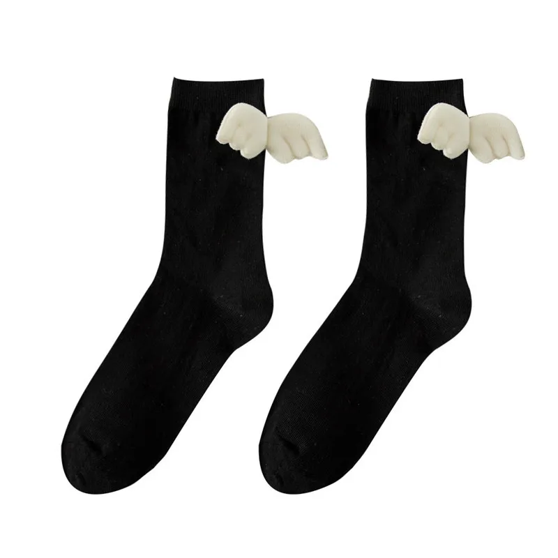 

Ladies New Fashion White Black Cotton Crew Socks Lovely Angel Decorate High Quality Cute Footwear