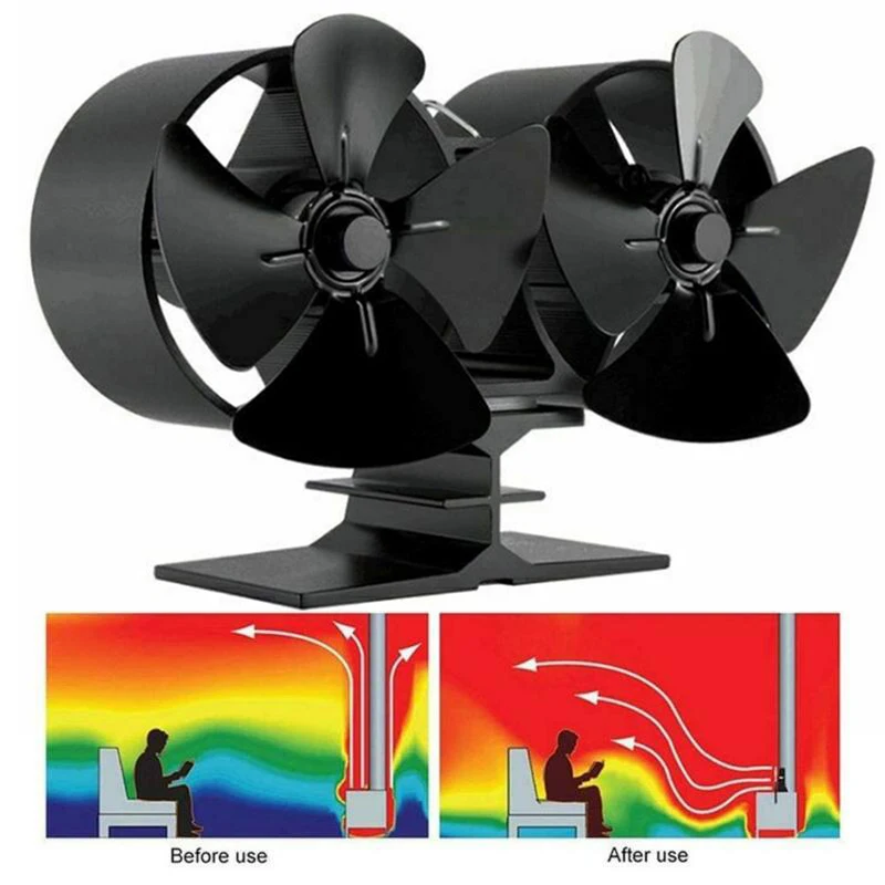 

180-210 8 Blades Silent Stove Double Fan Fireplace Heat Powered Saving Winter