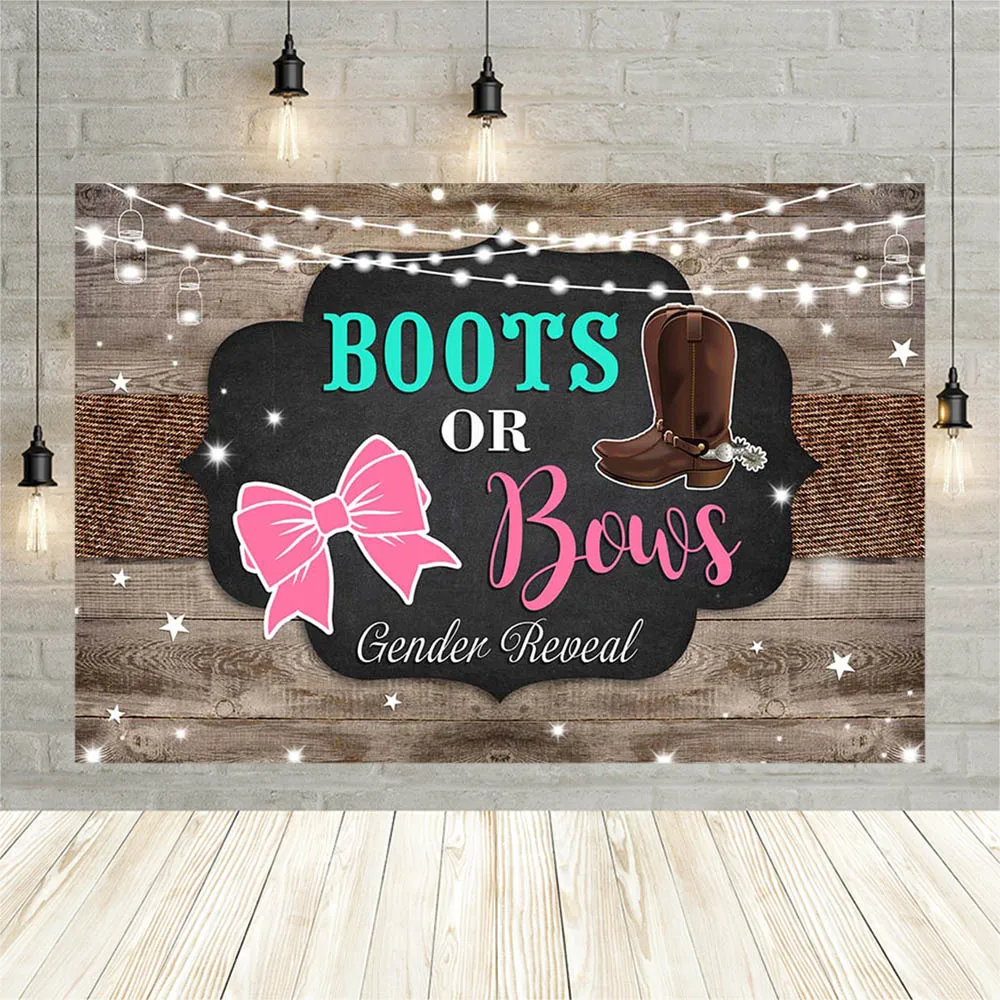 Avezano Boots O Bows Gender Reveal Decoration Background Girl Boy Baby Shower Rustic Wood Photography Background Photozone Banner