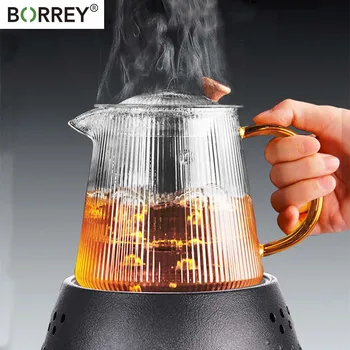 

BORREY Vertical stripes Crystal Glass Teapot With Removable Filter Puer Kettle Flower Tea Set Teapot Infuser Tea Coffee Teaware