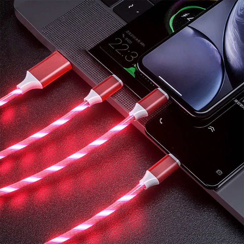 3 в 1 светодиодный usb-кабель для iphone XR Micro USB type C 2.4A кабель для быстрой зарядки светящийся плавный свет зарядное устройство - Цвет: Red