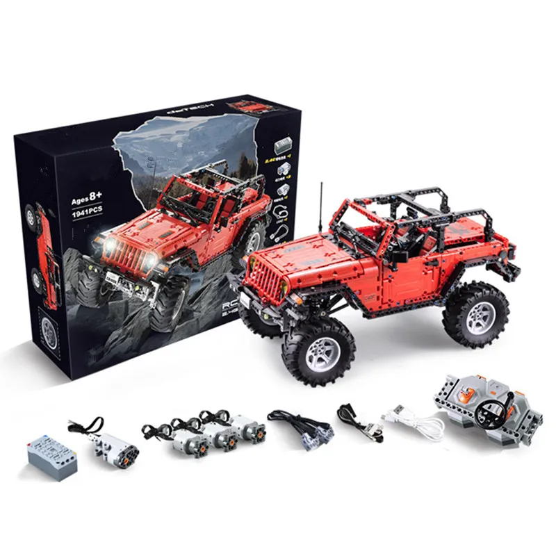 Skup MOC Jeep poszukiwacz przygód pojazdu Wrangler doprowadziły RC MOC silnika funkcji dopasować Legoings Technic Building Block cegły samochody zabawki dla dzieci Gft