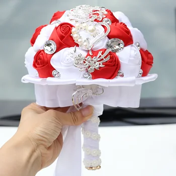 

Wedding Bouquet Artificial Rose Posy with Satin Rhinestone Throw Bouquet Bride Holding Flowers DNJ998