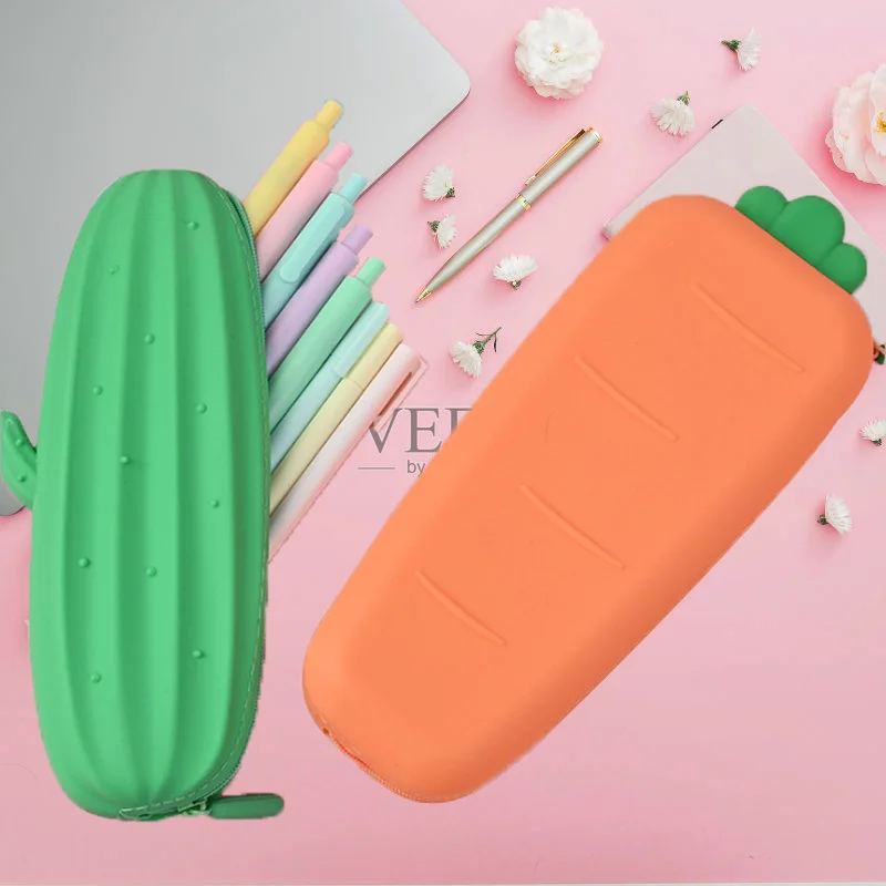 New Cute Children's Silicone Pencil Case Girls Cactus Carrot Coin Purse Key  Wallet for Female Daily Clutch Purse Headset Bags