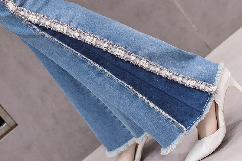 Рыбий хвост джинсы для женщин корейский стиль осень зима боковое отверстие ногтей жемчуг бисером гладильная колокол брюки для девочек женские джинсы Femme