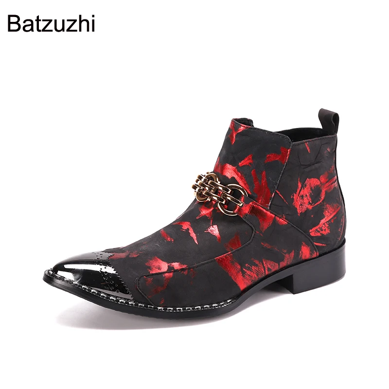 

Batzuzhi Handmade Men Leather Ankle Boots Men Pointed Metak Toe Black Red Short Boots Men for Party and Wedding/Motorcycle!