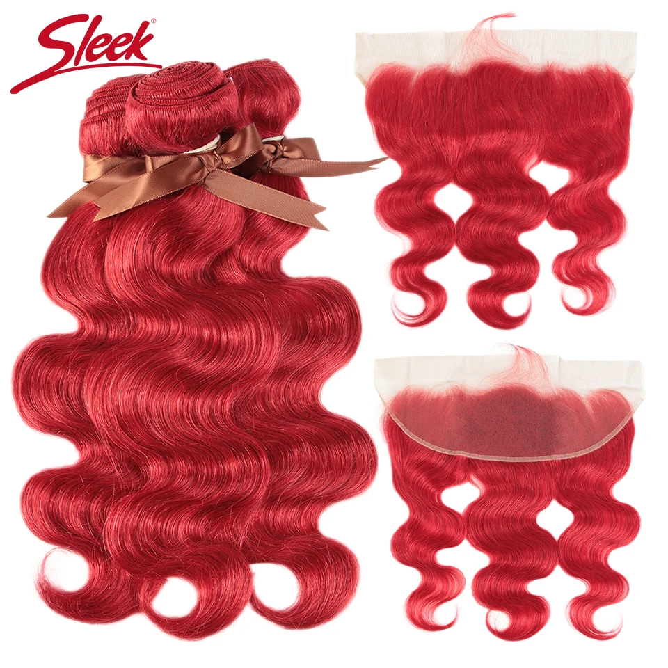 

Sleek Red Brazilian Bundles With Frontal Body Wave Lace Frontal With Bundles 8-28 Remy Human Hair Weave 3/4 Bundles With Closure