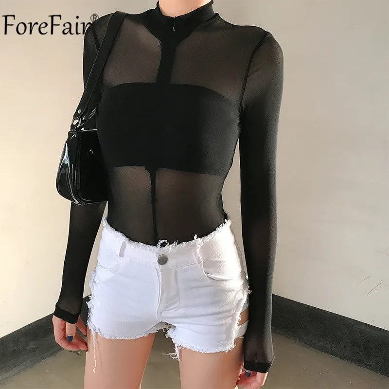 Forefair V шеи молния Черная сетка комбинезон для женщин с длинным рукавом Осень Перспектива Сексуальная уличная модные боди