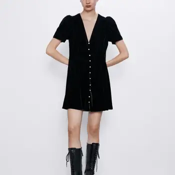 

ZA 2019 women autumn winter Elastic velvet diamond buckle above knee V-neck dress elegant yintage casual chic lady dresses