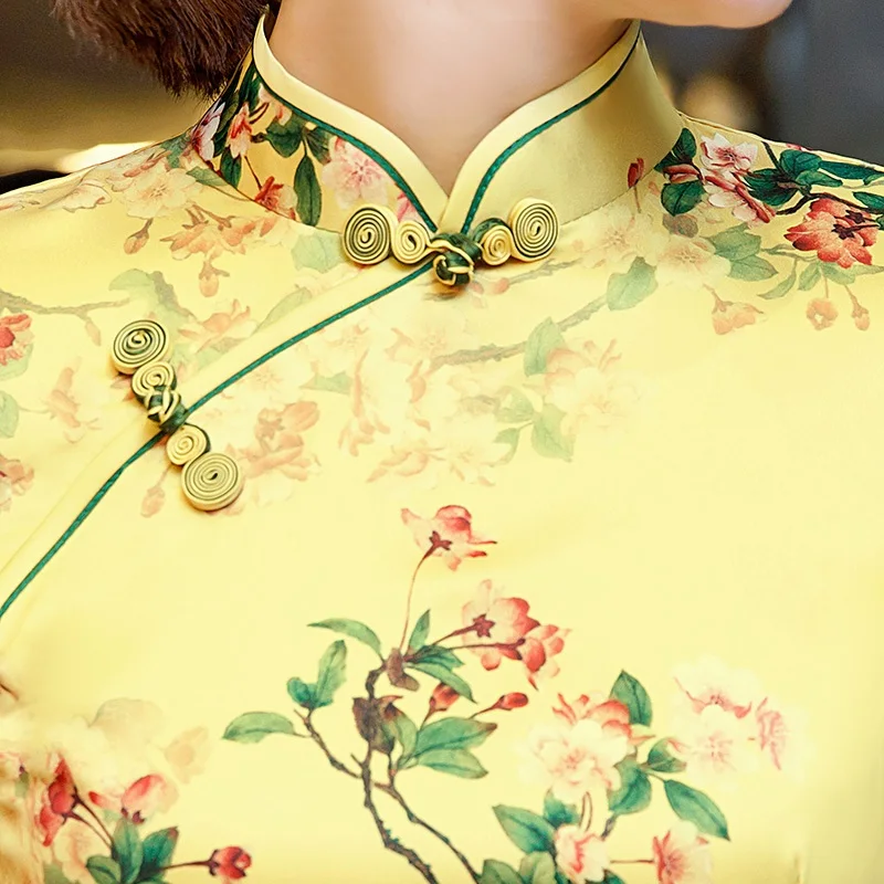 Жёлтое китайское платье миди длинное Cheongsam Aodai Восточный Vestido винтажное платье Fete с принтом шелковое Qipao Ao Dai вьетнамское платье FF2187