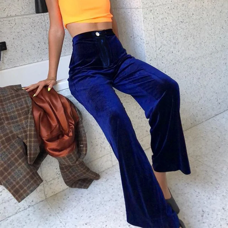 

High Street Fashion Velvet Pants Women Velour Wide Leg Pants Ladies High Waist Blue Velvet Wide Trousers Bell-Bottom Pants