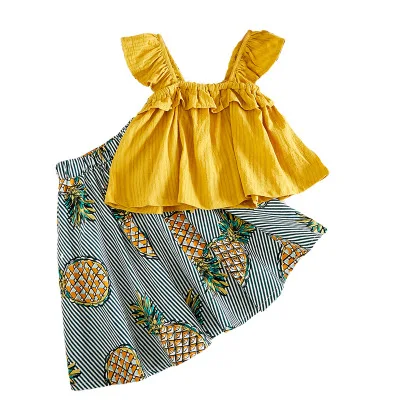 Взрывные модели одежды для детей 3-7 лет, Детский костюм, летний жилет с деревянными ушками для маленьких девочек, топ, платье с ананасом, комплект из двух предметов