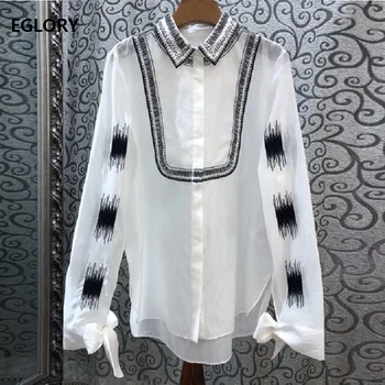

High Quality Designer Blouses Shirt 2019 Autumn White Black Tops Women Turn-down Collar Color Block Stitching Elegant Blouses