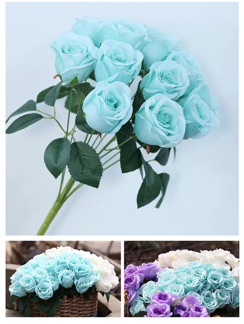 JAROWN 12 Heads Silk Roses Bride Holding Flowers Royal Blue Fake Rose Flowers Home Wedding Arch Table Decor Artificial Flower (44)