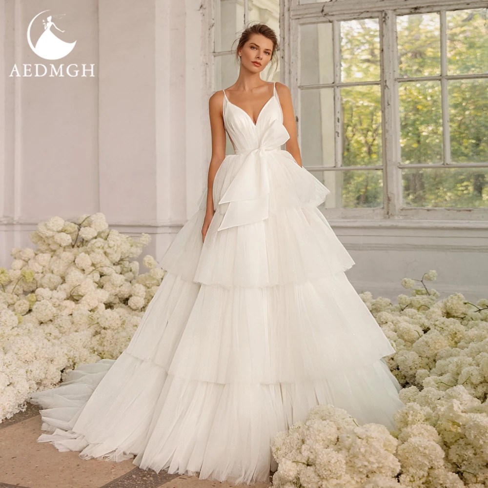 

Aedmgh бальное платье Свадебные платья 2024 на тонких бретельках без рукавов с оборками бантом платье невесты простое Многоярусное свадебное платье со шлейфом
