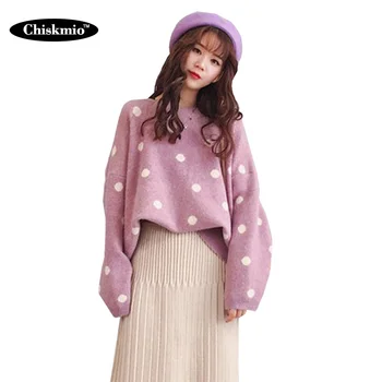 

Geometric Polka Dot Knit Sweater Women O-Neck Loose Pullover 2020 New Sweet Style Knitted Tops Ladies Korean Knitwear Harajuku