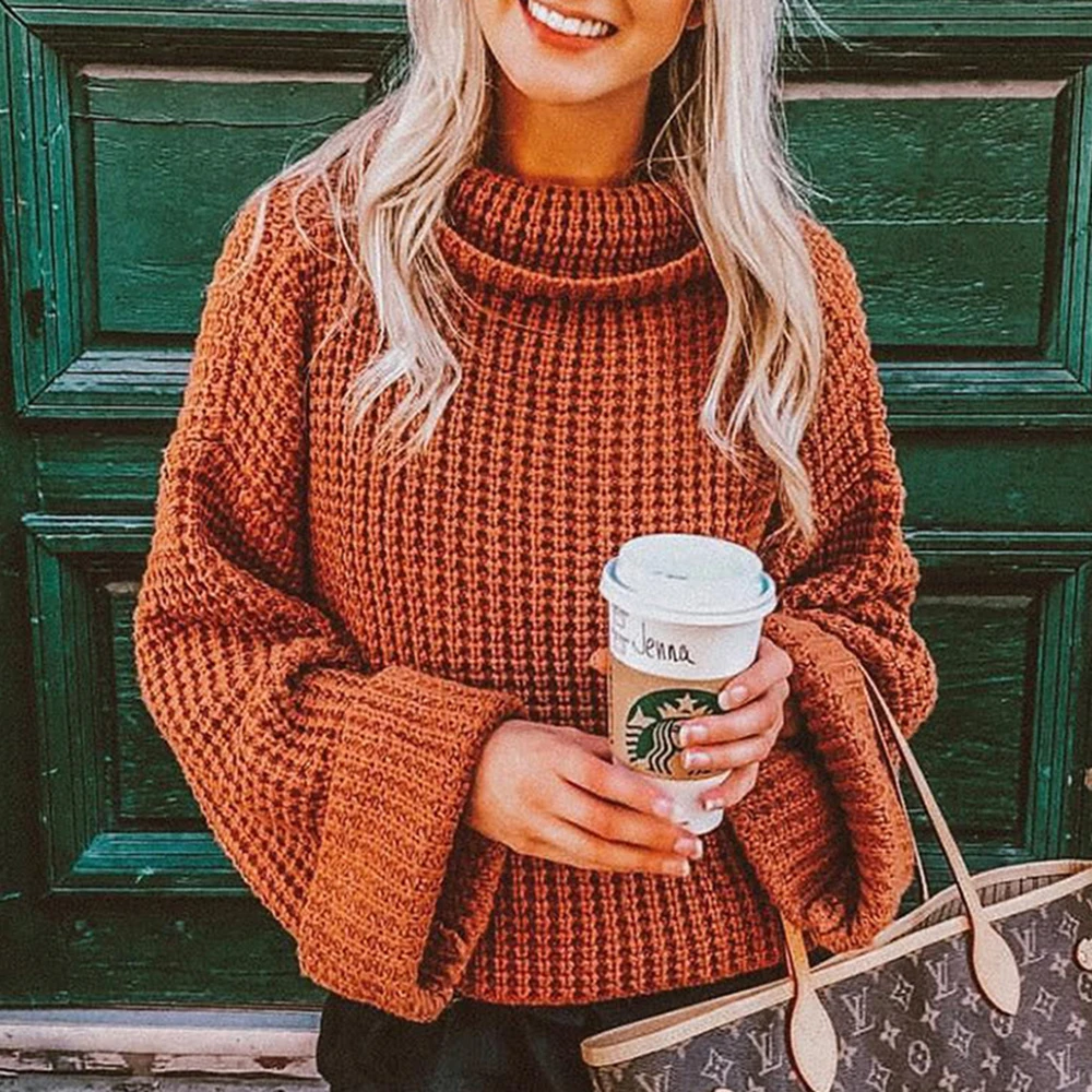 Winter Turtleneck Long Flare Sleeve Women Sweaters Autumn Casual Solid Knitted Pullovers Oversized Sweater Tops Loose Jumper | Женская