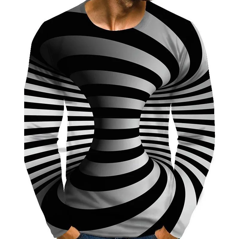 Mens Shirts Graphic Optical Illusion Plus Size Print Long Sleeve T shirts Spring Summer Streetwear Exaggerated Round Neck Tops