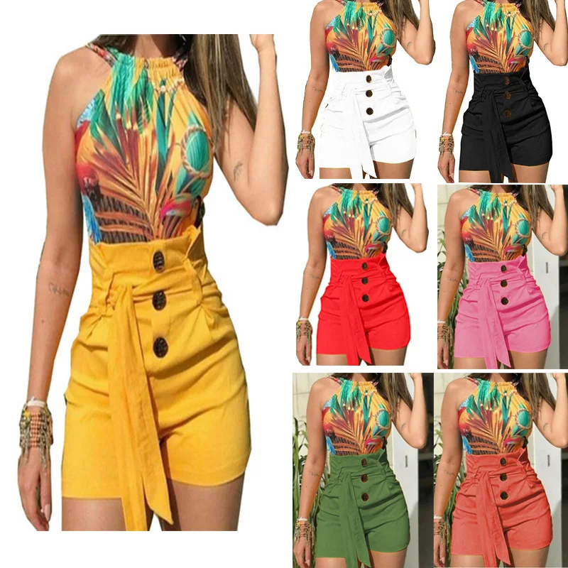 

Women's shorts 2020 summer casual shorts high waist buttons lace up wide leg shorts women