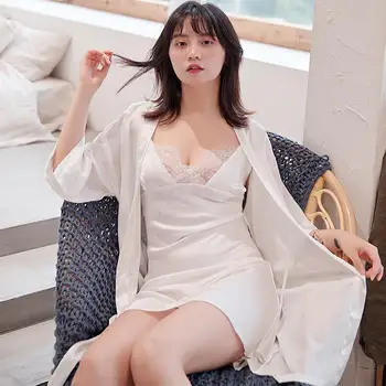 

Women's Spring Autumn Simulation Silk Backless Slip Dress Nightgown Two Piece Set Solid Color Sexy Lace Pajamas with Chest Pad