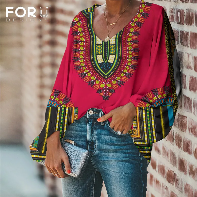 

FORUDESIGNS Fashion African 3D Pattern Women Blouse Casual Long Sleeve Spring Summer Ladies Tops Plus Size Clothing V-neck Loose
