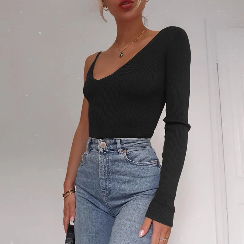 IAMSURE 2020 Autumn Fashion Asymmetrical V-Neck Bodysuit For Women Korean Streetwear Solid Casual Ribbed Fitness Female Bodysuit