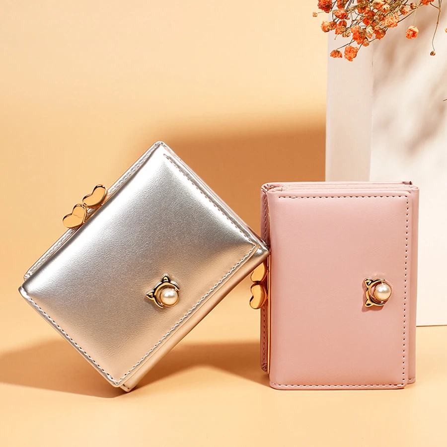 

2019 New Short Women Wallet Small Wallet Purse Luxury Design Pearl All-Match Korean Students Small Wallet Simple Square