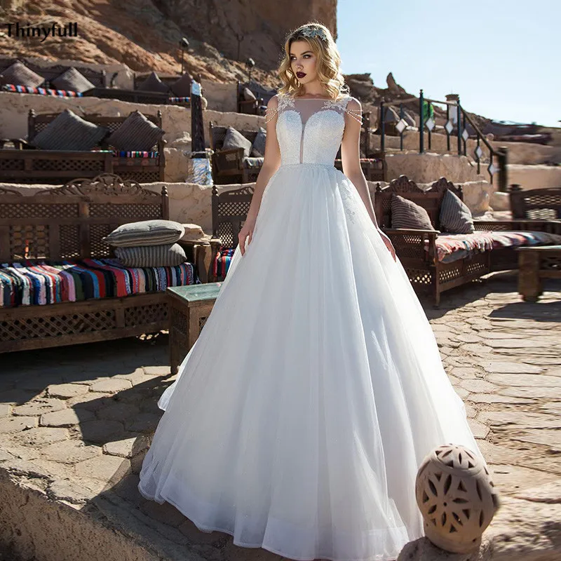 

Thinyfull Bohemian Wedding Dresses Lace Appliques A-Line Country Illusion Arabic Bride Wedding Party Dress Vestido De Novia