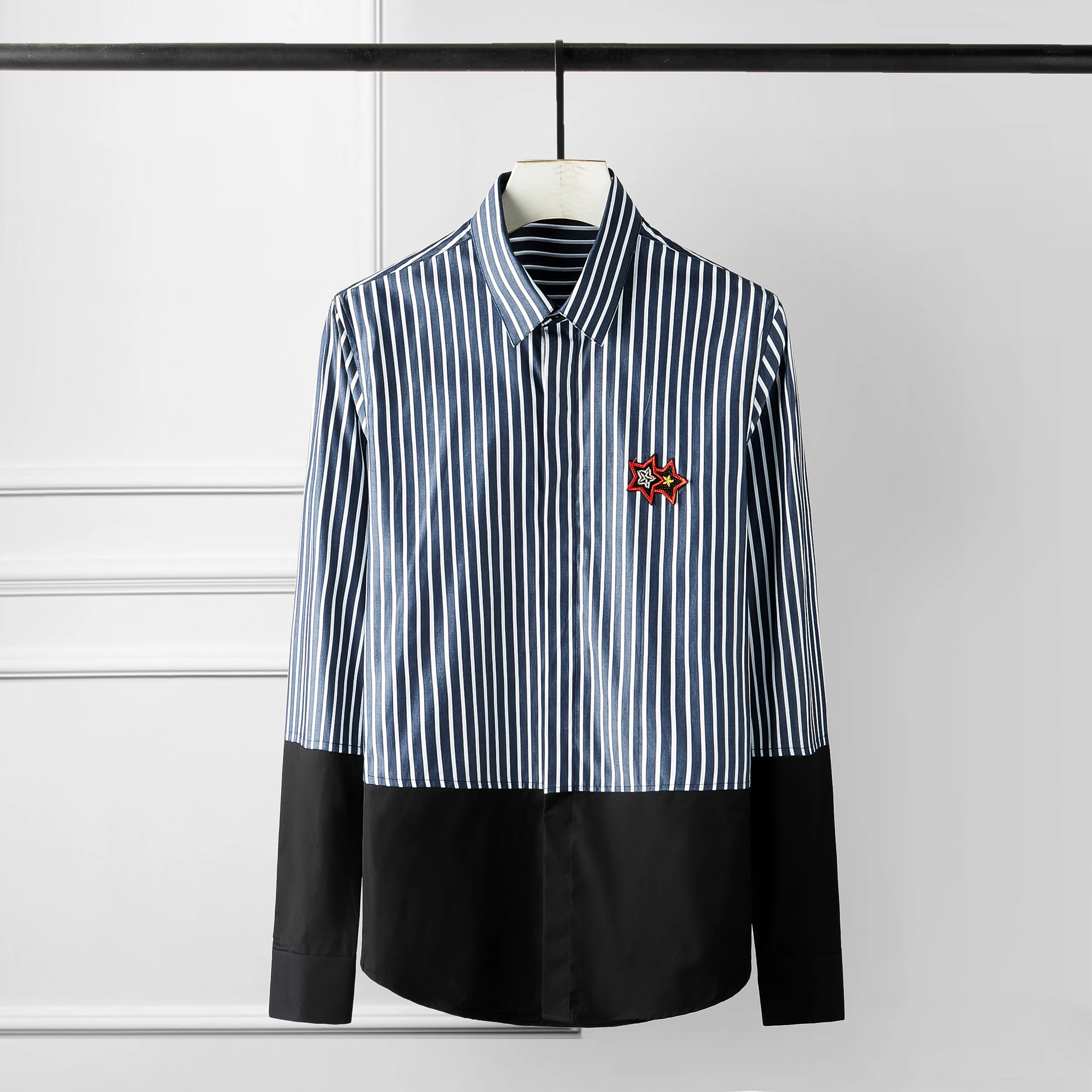 

Luxury Striped Patchwork Pentagram Embroidery Party Men Shirt Casual Long Sleeve Mens Dress Shirts Plus Size