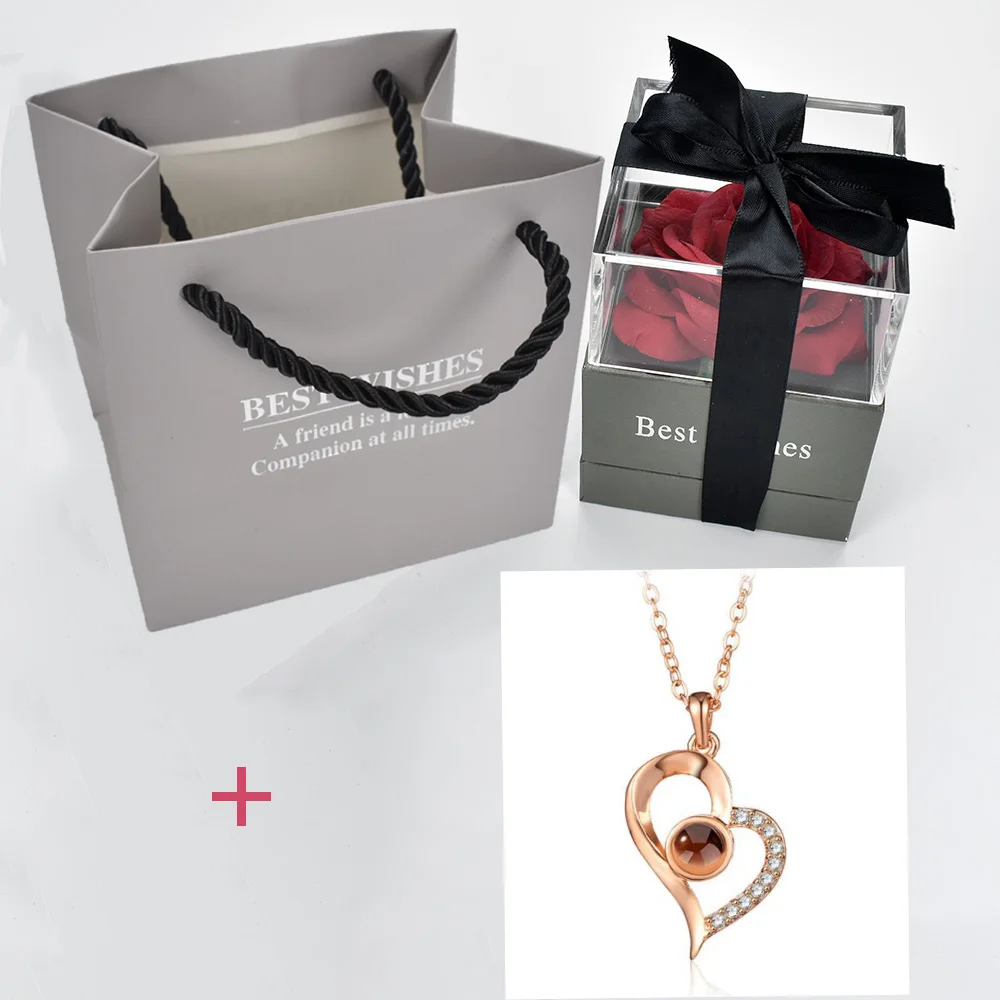 red with necklace 4 Красный цветок розы коробка ювелирных изделий декоративные цветы держатель Чехол 100 языков я люблю тебя Романтическая любовь ожерелье для девушки подарок - Цвет: red with necklace 4