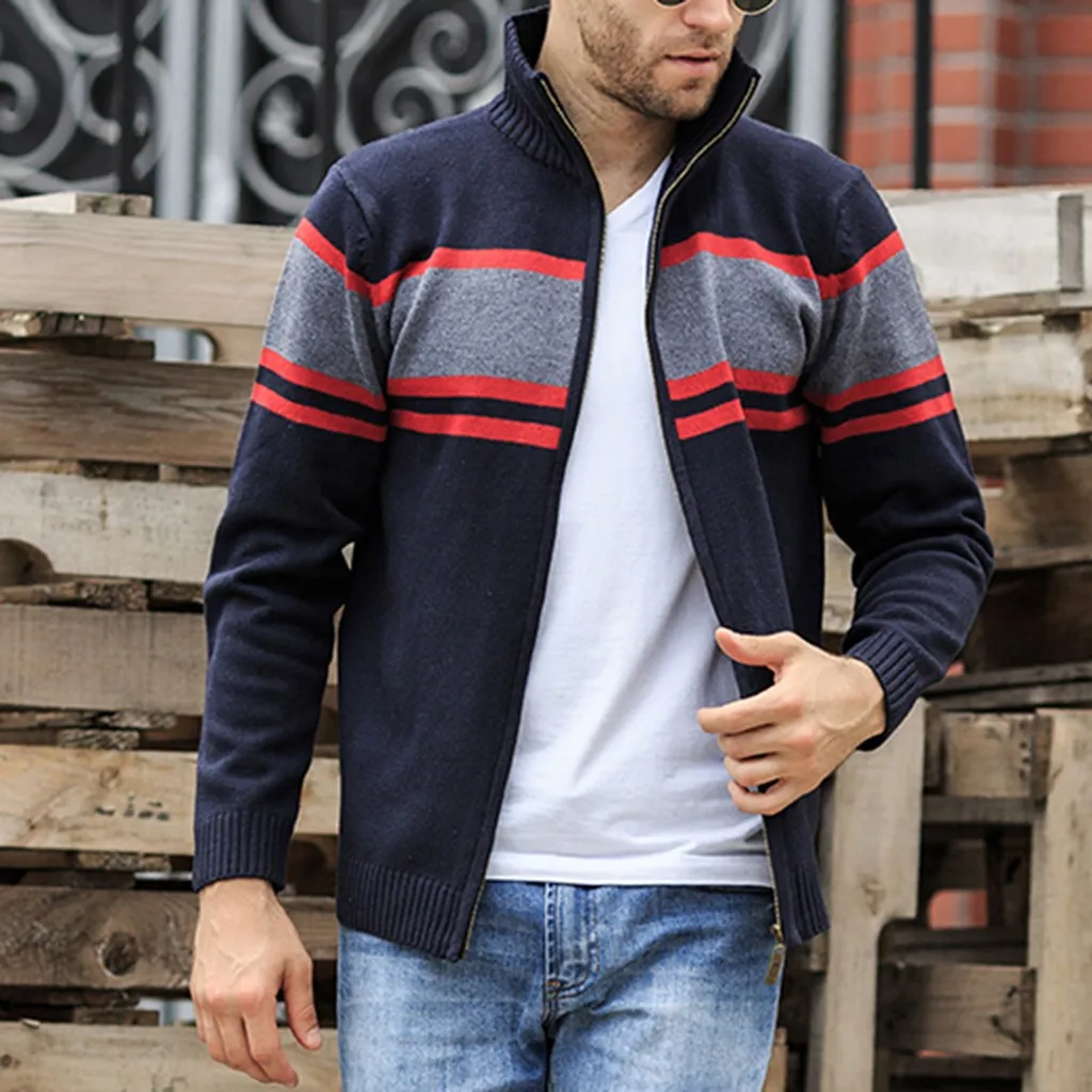 Модная мужская куртка Chaqueta Hombre, Осенний вязаный кардиган в стиле пэчворк, модная бейсбольная куртка на молнии