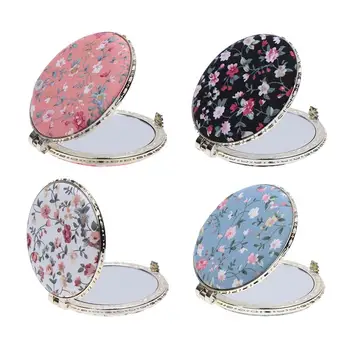 

4pcs Round Cosmetic Mirror Cloth Cover Printed Round Pocket Mirror Folding Mini Makeup Mirror (White Black Orange Blue)