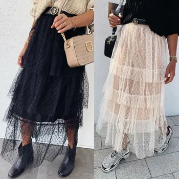 

NEW Women Ladies Princess Elastic High Waist Layered Long Mesh Tutu Tulle Pleated Skirt