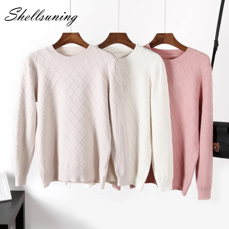 

Shellsuning Rhombus Lattice Elegant Autumn Sweaters Women Jumper 2019 Casual Knitted Short Pullover Female White Top Pull Femme