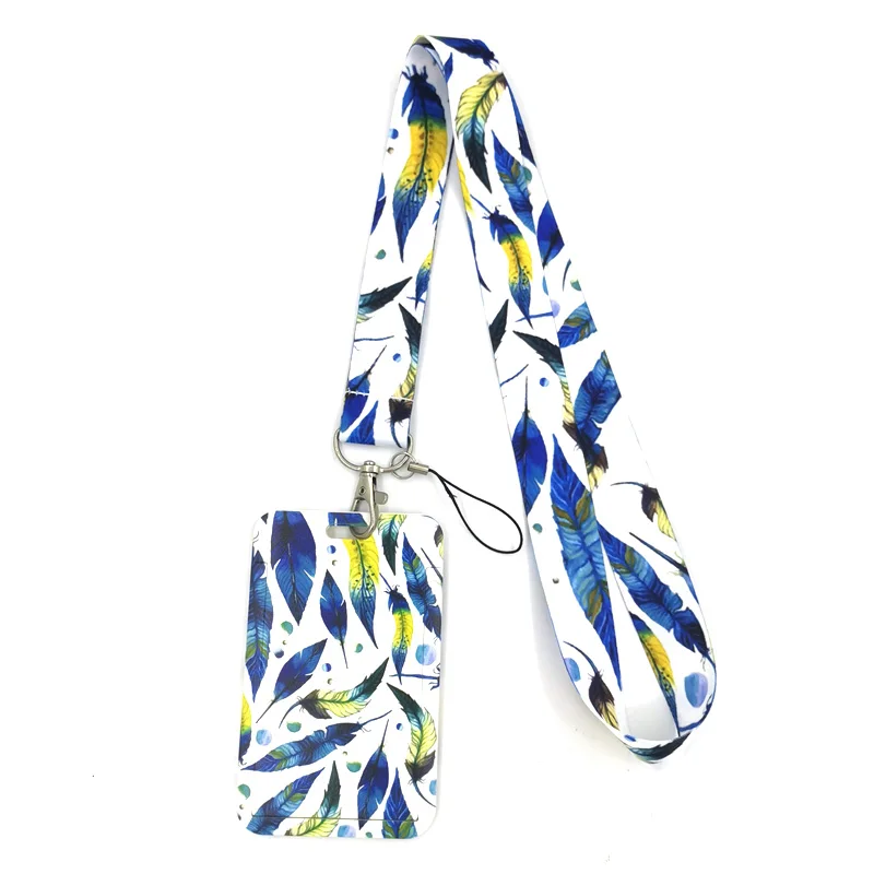 Azul cielo estrellado cielo plumas hojas Cordón de la moda Tarjeta de Identificación de autobús, titular de la caja de pase de cubierta-tarjetero para tarjetas de crédito bancarias Correa titular