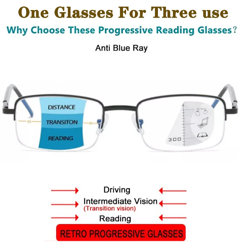 

2021 Fashion Progressive Reading Glasses Unisex Anti Blue Ray Multifocal Presbyopic Spectacles Metal Frame Diopter +1.0 To +4.0