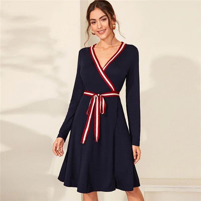 Sheinside Elegant Stripe Trim Patchwork Dress Women Autumn V Neck Wrap A Line Dresses Ladies Navy High Waist Belted Dress