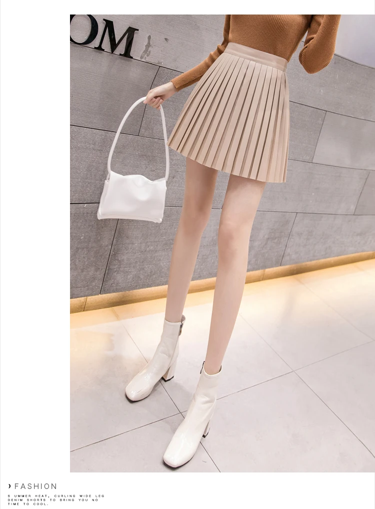 Корейский стиль, Осень-зима, Женская мини-юбка с высокой талией, Черный абрикос, плиссированные юбки, женская модная уличная юбка из искусственной кожи, 7481 50