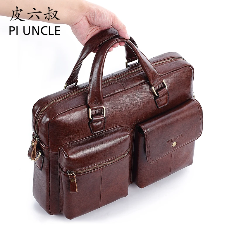 Laptop Bag CDFZS Genuine Cowhide Leather Men's Briefcase Big Totes Computer Bag for Work Office Bag As Shown Black Oil