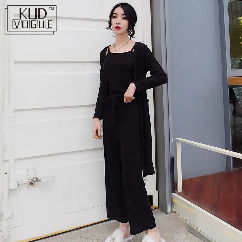 Женский осенний комплект из 3 предметов повседневный спортивный костюм вязаный