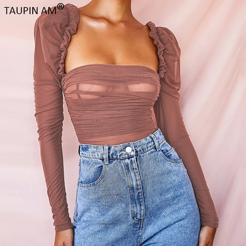 

TAUPIN AM Sexy Two Layers Low Collar Bodysuit Women Mesh Layered Backless Ruffles Slim Bodycon Tops Elegant Vintage Overalls