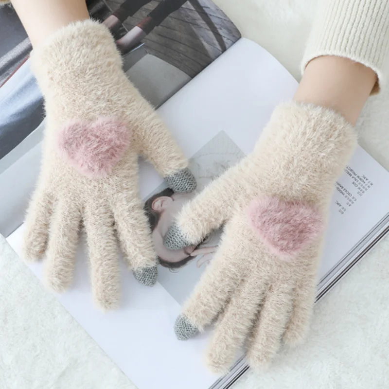 Gloves Knitted Women Touch Screen New Winter Soft Rabbit Wool Knitted Gloves Warm Lovely Girls' Pink Heart Mittens Gloves - Цвет: 1 Pair