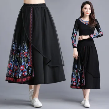 

KYQIAO online chinese store long ethnic skirts female autumn original boho long black embroidery midi skirt