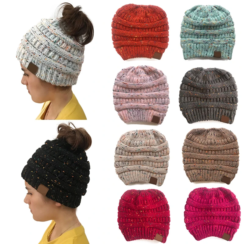 

Women's Girls Stretch Knitted Wool Crochet Hats With Label Caps Messy Bun Ponytail Beanie Holey Warm Hat Winter Warm Cap Beanies