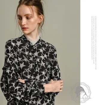 

black print white star floral silk blouse for women high quality long sleeve plus size casual sexy office dress shirts loose