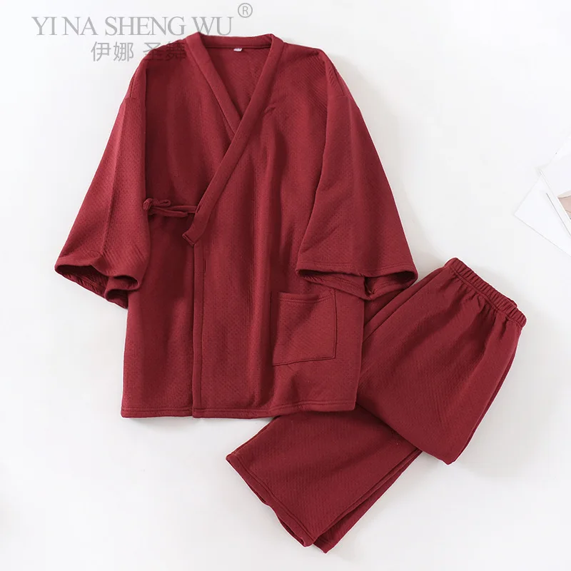 Japanese men's kimono yukata pajamas set air layer thickening trousers home service two-piece suit